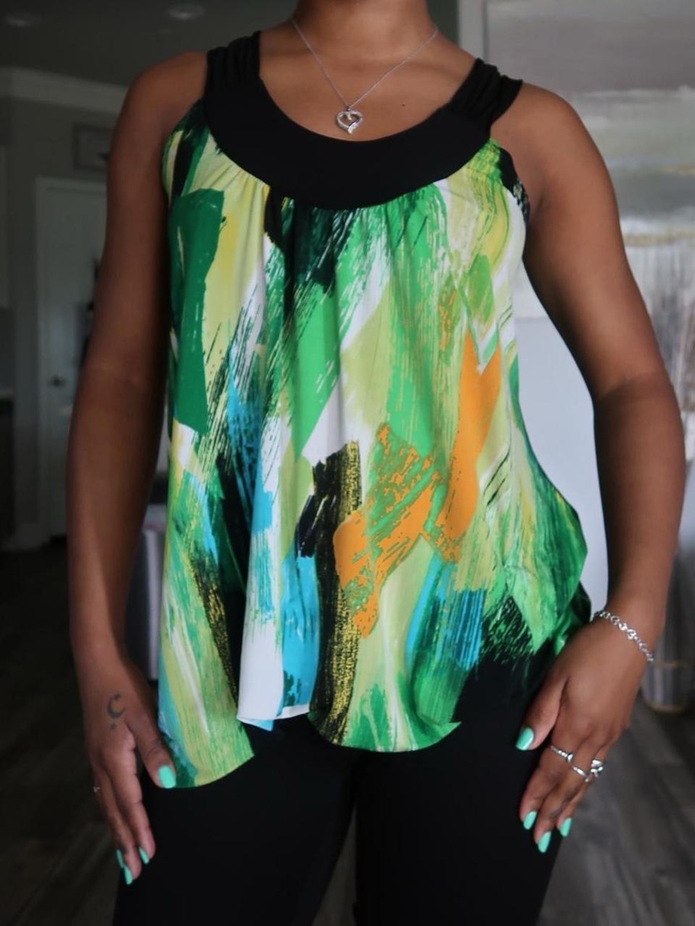 Y2K Tuscan Perceptions Black-Neck Brushstroke Tank Top in Green, Orange & Blue